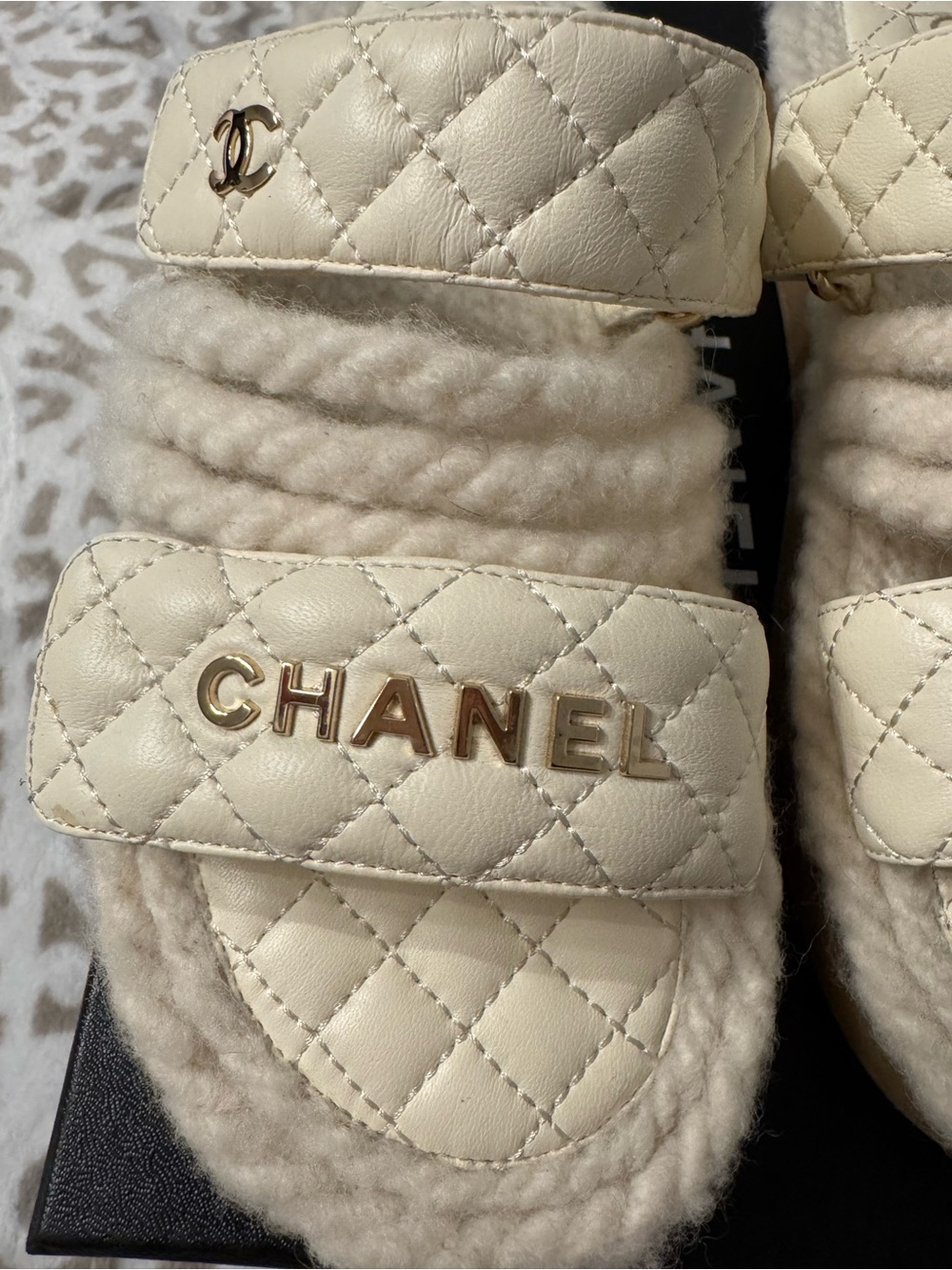 CHANEL Quilted Cream Rope Trim Slide Sandals with Gold Logos 39 - Picture 3 of 9